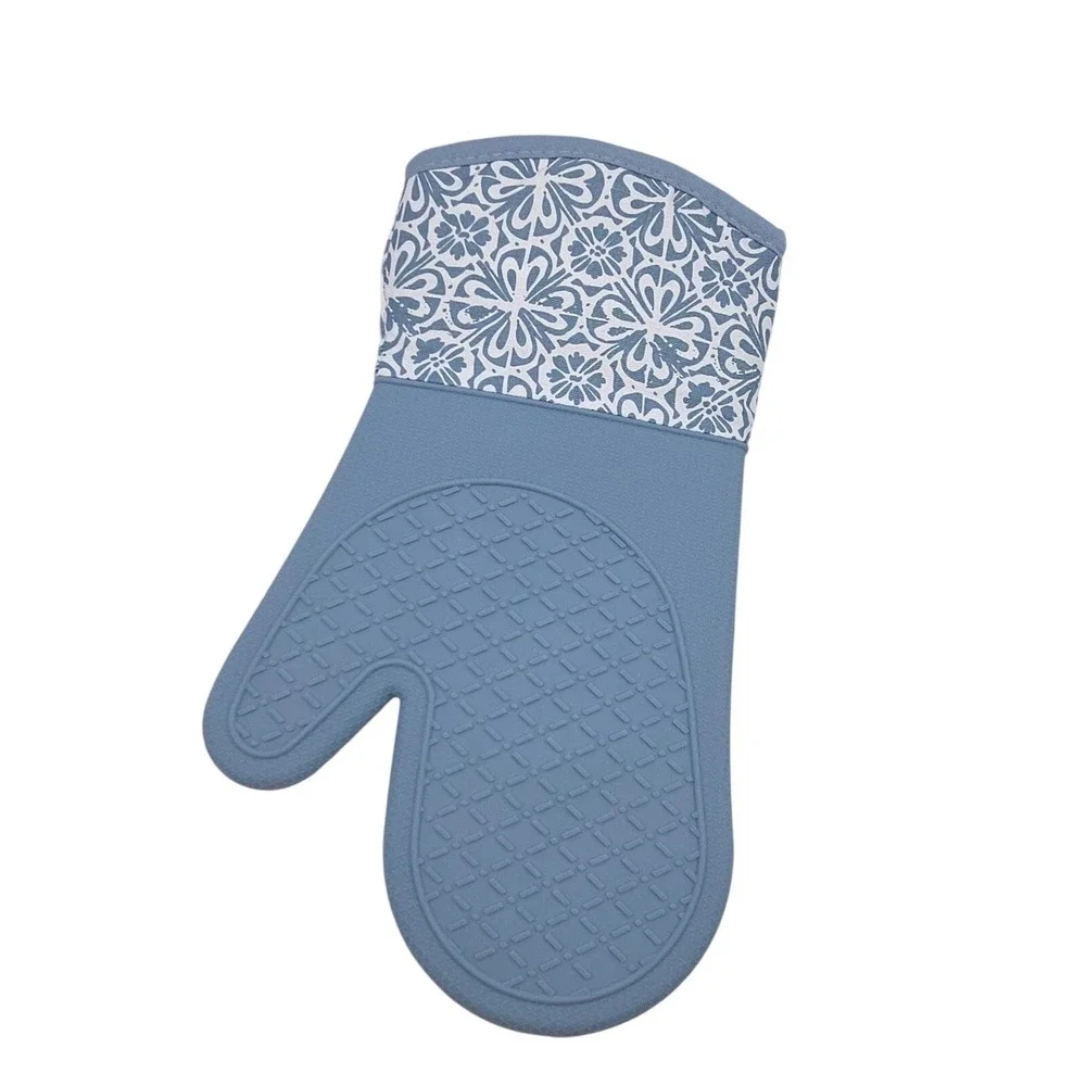 Bakers Choice Blue Floral Cotton Silicone Pot Holder & Oven Mitt Set of 3 Piece